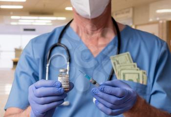 Senior man nurse with syringe preparing a dose of the vaccine in exchange for cash to beat the priority line or queue
