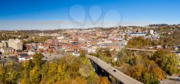 Aerial drone panoramic shot of the downtown area of Morgantown West Virginia
