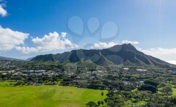 Aerial drone view of Kapi'olani Regional park in Waikiki with Diamond Head on Oahu in Hawaii
