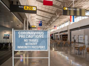 Concept of notice board about using immunity certificate or passport to travel through airport due to coronavirus