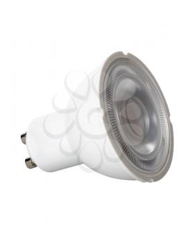 Isolated cutout LED spotlight bulb with UK GU10 fitting and set against white background