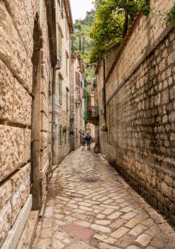 Tiled surface of pedestrian streets of old town Kotor in Montenegro