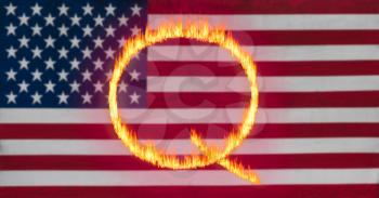 Concept fire or flames background illustration for QAnon or Q Anon, a deep state conspiracy theory set against USA flag