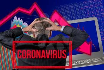 Back view of senior man worried by financial crisis and collapse of retirement savings in stock exchange due to coronavirus
