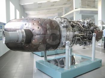 Gatchina, Russia - June 16, 2016: Museum of the history of aircraft engine building. Aircraft engines on stands. Turbine engines and internal combustion engines. Models of aircraft construction.