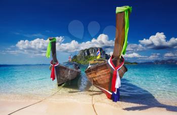 Longtail boats, Tropical beach, Tub Island, Andaman Sea, Thailand