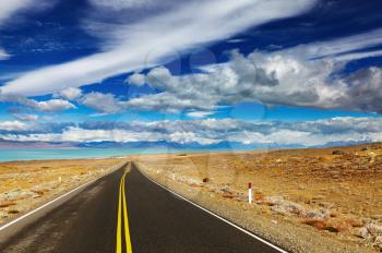 Patagonian landscape with road and Viedma Lake, Argentina