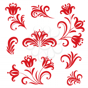 Floral pattern decor element set. Ornamental flower over white background. Russian traditional native floral ornament.