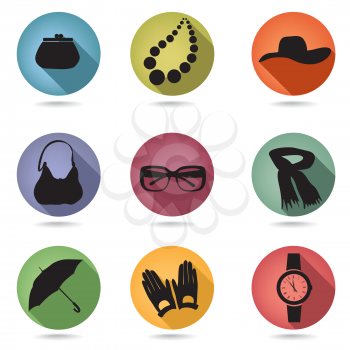 Female accessories silhouette set. Hipster icon collection. Buttons set.