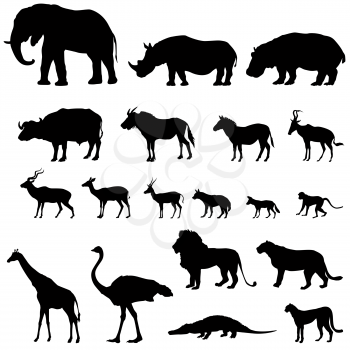 African animals silhouettes set. Vector animals of tropical zone icons collection.
