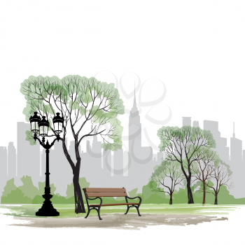 Bench and streetlight in park over city background.  Landscape of Central Park in New York. USA.