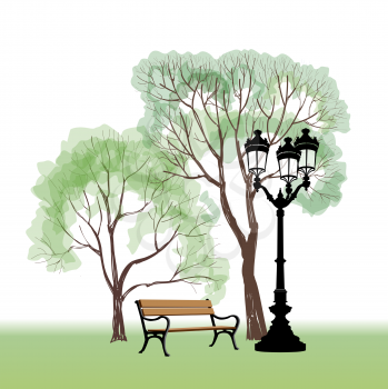  Bench in park with tree and streetlamp. City park landscape. Vector hand drawn sketch. 