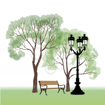  Bench in park with tree and streetlamp. City park landscape. Vector hand drawn sketch. 