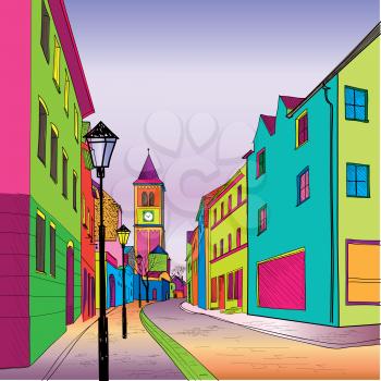 Funky journey. Pedestrian street in European city. Colorful panorama city vector background in 1960s pop art style.