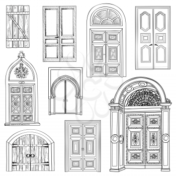 Door set. Collection of hand drawn sketch vintage doors.