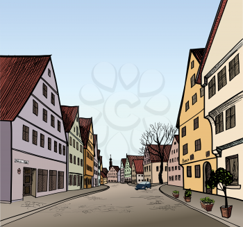 Pedestrian street in the old european city with tower on the background. Historic city street. Hand drawn sketch. Vector illustration. 