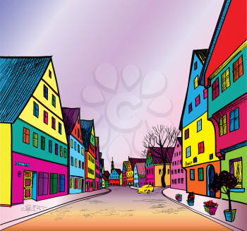 Funky journey. Predistant street in euoropean city. Colorful panorama city vector background in 1960s pop art style.