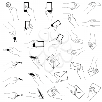 Hand gestures collection. Hands holding key, phone, card. Doodle line art set.