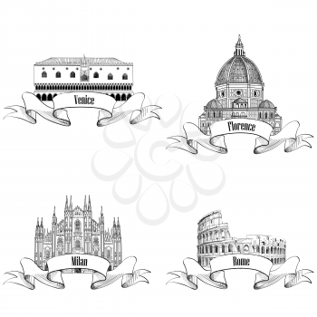 Famous italian city label set: Rome, Milan, Venice, Florence. Landmarks of Italy: Dome cathedral Milan, Doge's palace Venice, Cathedral Santa Maria del Fiore Florece, Colosseum Rome. Building sketch.