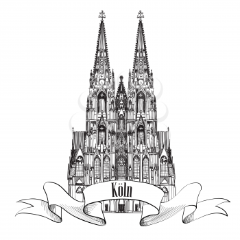 German city Cologne travel symbol. Koln Dom Cathedral, Germany, Europe. Hand drawn sketch vector landmark symbol.
