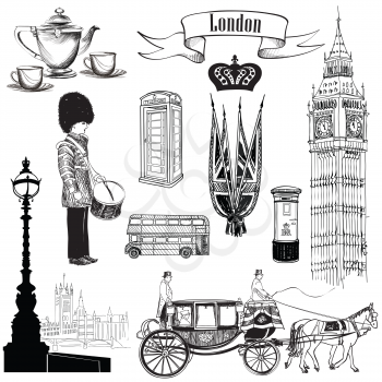 English icon set. London symbols, England, UK, Europe. Hand drawing vintage illustration over white  background. 