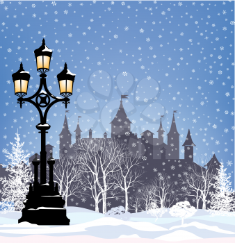 Winter holiday snow city background. Merry Christmas greeting card. Snowy castle in park wallpaper.