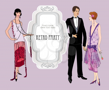 Retro party invitation design. Flapper girl and man over vintage background with copy space in 1930s style. 