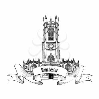 Travel England sign. Manchester cathedral, UK, Great Britan. English city famous building. Vector label isolated.