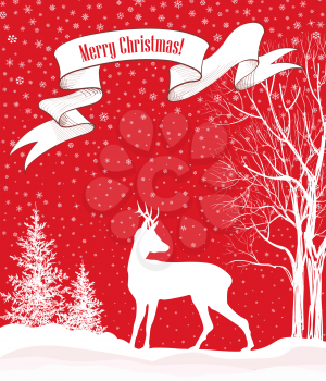 Merry Christmas greeting card. Christmas background. Snow winter landscape with deer. 