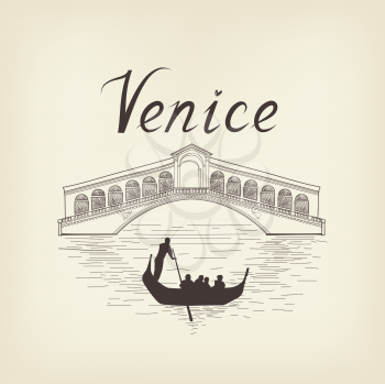 Venice famous place view Travel Italy background. City bridge retro engraving