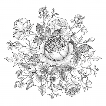 Flower bouquet. Floral frame. Flourish bouquet card. Summer engraving decor background