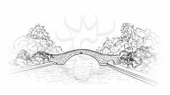 Bridge in park view. city garden lanscape.  Engraving retro nature skyline. Doodle line art illustration.