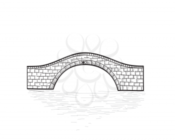 Small stone bridge isolated. Engraving retro illustration. Doodle line art
