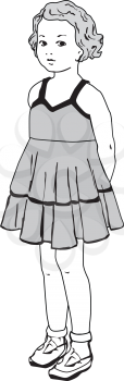 Kid portrait drawn. Baby girl in retro fashion summer dress isolated