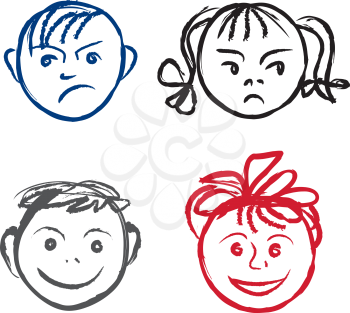 Kids smile and sad face. Faces profile with different expressions set.
