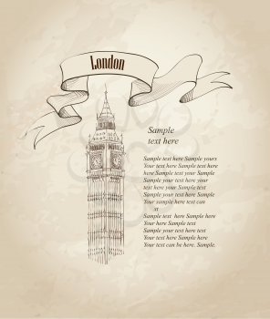 London Landmark. Landscape of London. Big Ben Tower. Vector Hand-drawn Sketch Illustration.
