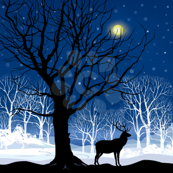 Snow winter landscape with two deers. Abstract vector illustration of winter forest. Snow winter background.