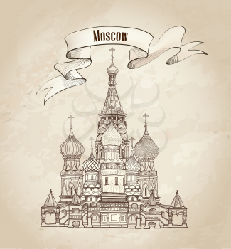 St Basil cathedral, towers and wall cityscape Russian famous place. Kremlin city view from Moscow river. Red square view, Moscow, Russia. Travel Russia vector illustration.