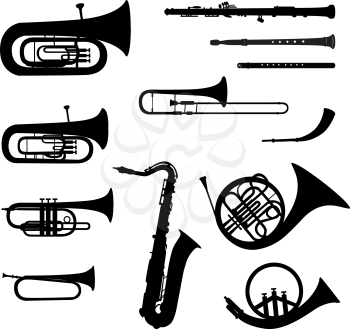 Music instruments vector set. Musical instrument silhouette on white background.