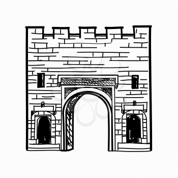 Arch gates in fortress wall Doorway to town castle Architectural draft