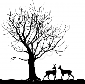 Animal over tree Forest landscape with deer. Abstract vector illustration of winter forest. vector illustration silhouette of beautiful family deer and tree