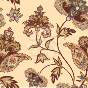 Flourish tiled pattern. Floral retro background. Curved tree branch with fantastic flowers, leaves. Wonderland motives of the paintings of ancient Indian fabric patterns.