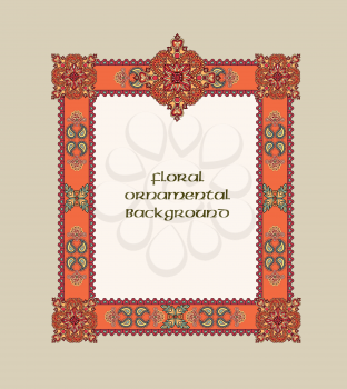 Flourish frame. Abstract floral geometric oriental background. Fantastic flowers and leaves border. Wonderland motives of the paintings of arabic asian mandala. Indian fabric pattern.