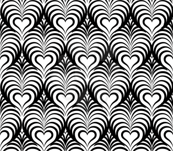 Abstract floral seamless pattern with black and white line heart shape ornament Swirl geometric doodle texture. Ornamental wave optical effect background.