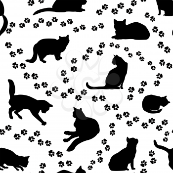 Cats seamless pattern. Cat silhouette and animal tracks pattern over white background.