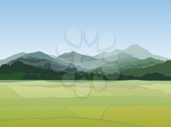 Rural landscape with mountains. Vector countryside view 