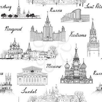 Travel Russia seamless engraved architectural pattern. Famous Russian cities and monuments. Landmarks of Moscow, Saint Petersburg, Suzdal, Kolomna and other russian cities. Travel background.