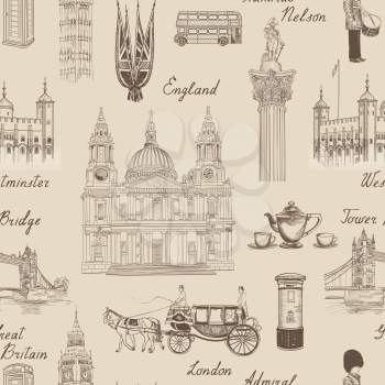 London landmark seamless pattern. Doodle travel Europe sketchy lettering. Famous architectural monuments  and symbols. England vintage icons vector textured background
