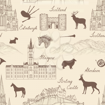 Travel  Scotland famous cities landmark with handmade calligraphy. Edinburgh, Glasgow, Aberdeen city seamless pattern for your design. Architectural monuments and buildings engraved sketch  UK texture