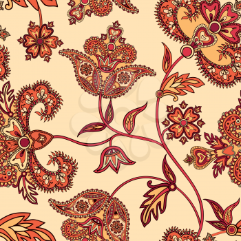 Flourish tiled pattern. Floral oriental ethnic  background. Arabic ornament with fantastic flowers and leaves. Wonderland motives of the paintings of ancient Indian fabric patterns.